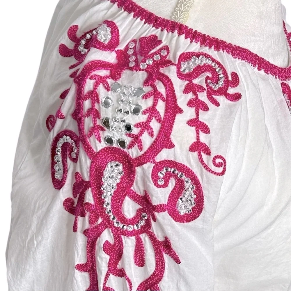 CHICO'S Anelle Blouse 3/4 sleeves Embroidered Embellished White Fuchsia Like new - Picture 11 of 16